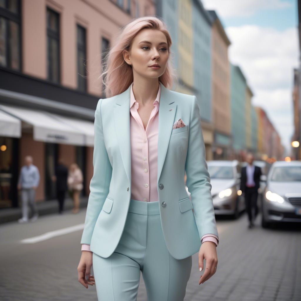 A stunning image of norwegian muse in a tailored pastel suit capturing a chic urban vibe in soft focus.