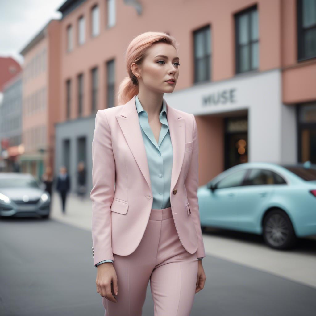 A stunning image of norwegian muse in a tailored pastel suit capturing a chic urban vibe in soft focus.
