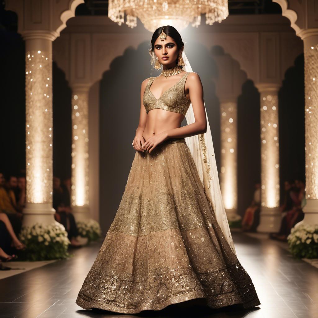 A stunning image of pakistani model in an embellished lehenga shimmering with gold accents under spotlight.