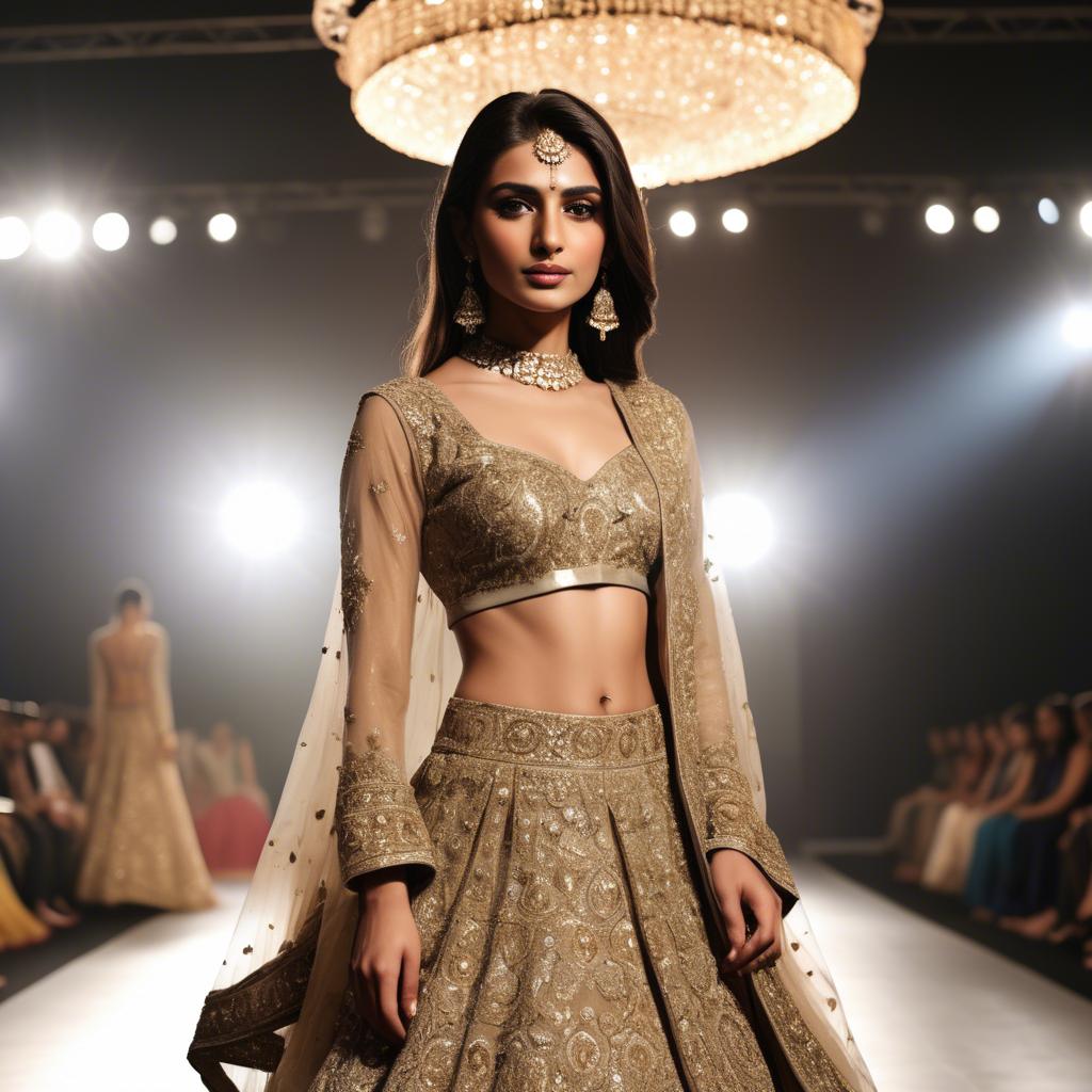 A stunning image of pakistani model in an embellished lehenga shimmering with gold accents under spotlight.