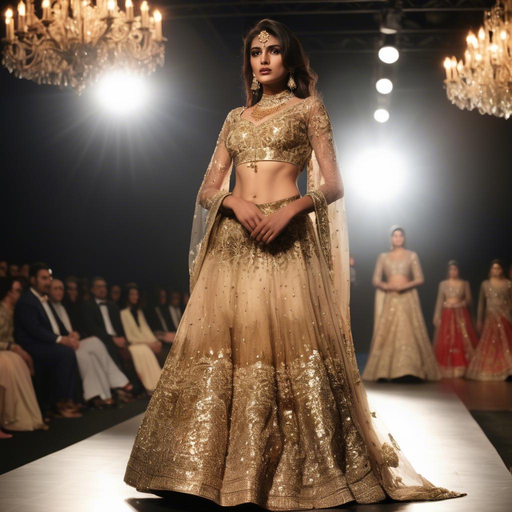 A stunning image of pakistani model in an embellished lehenga shimmering with gold accents under spotlight.