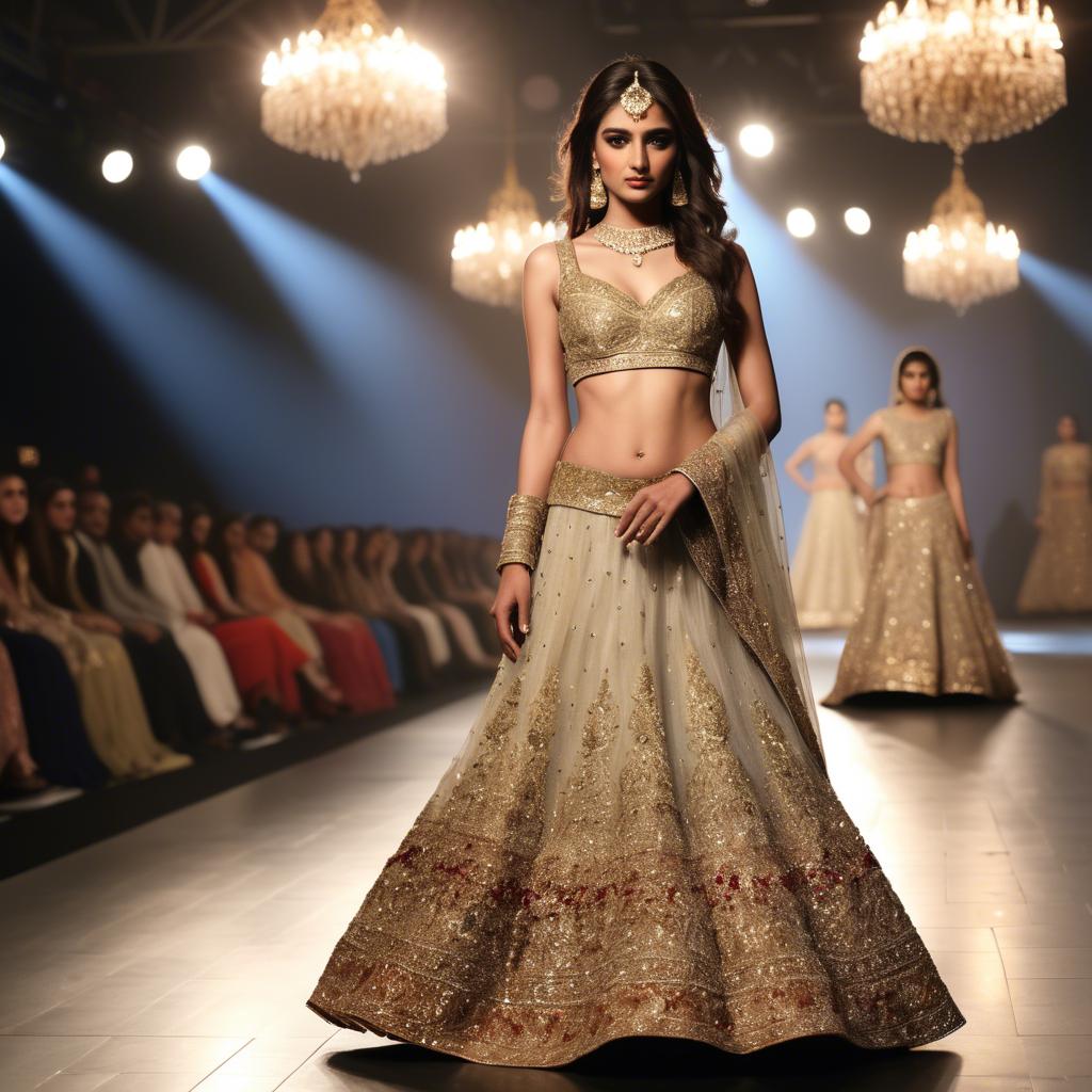 A stunning image of pakistani model in an embellished lehenga shimmering with gold accents under spotlight.