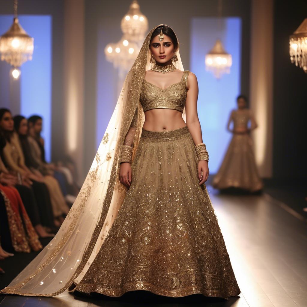 A stunning image of pakistani model in an embellished lehenga shimmering with gold accents under spotlight.