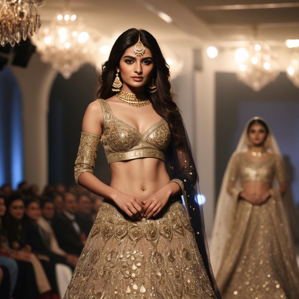 A stunning image of pakistani model in an embellished lehenga shimmering with gold accents under spotlight.