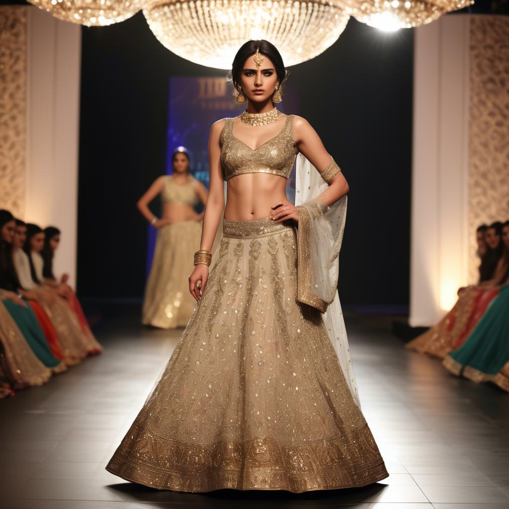 A stunning image of pakistani model in an embellished lehenga shimmering with gold accents under spotlight.
