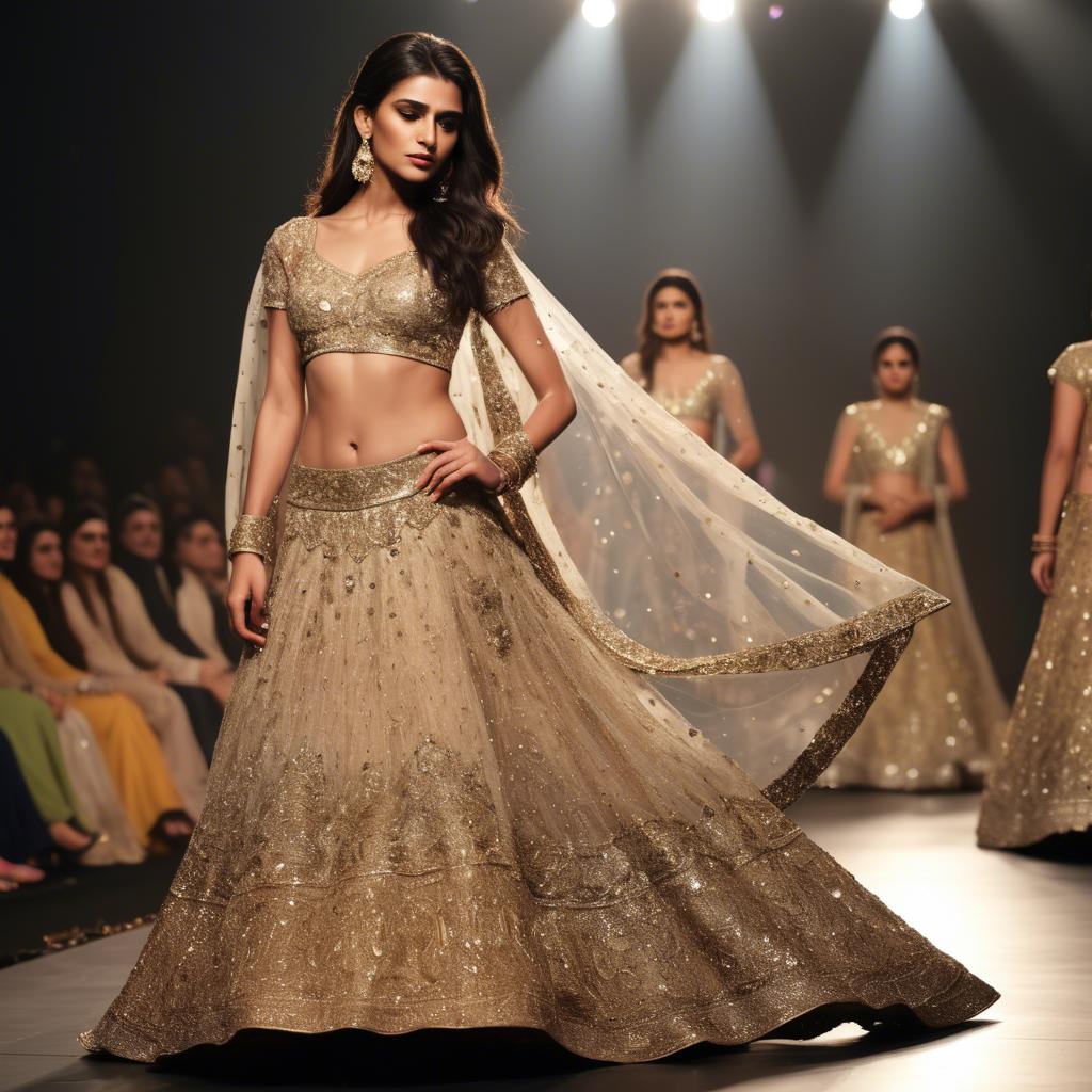 A stunning image of pakistani model in an embellished lehenga shimmering with gold accents under spotlight.