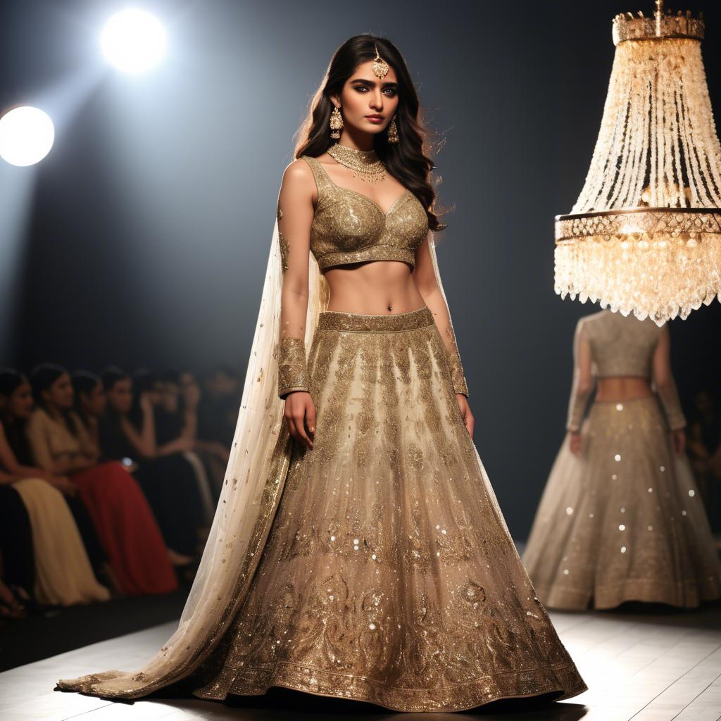 A stunning image of pakistani model in an embellished lehenga shimmering with gold accents under spotlight.