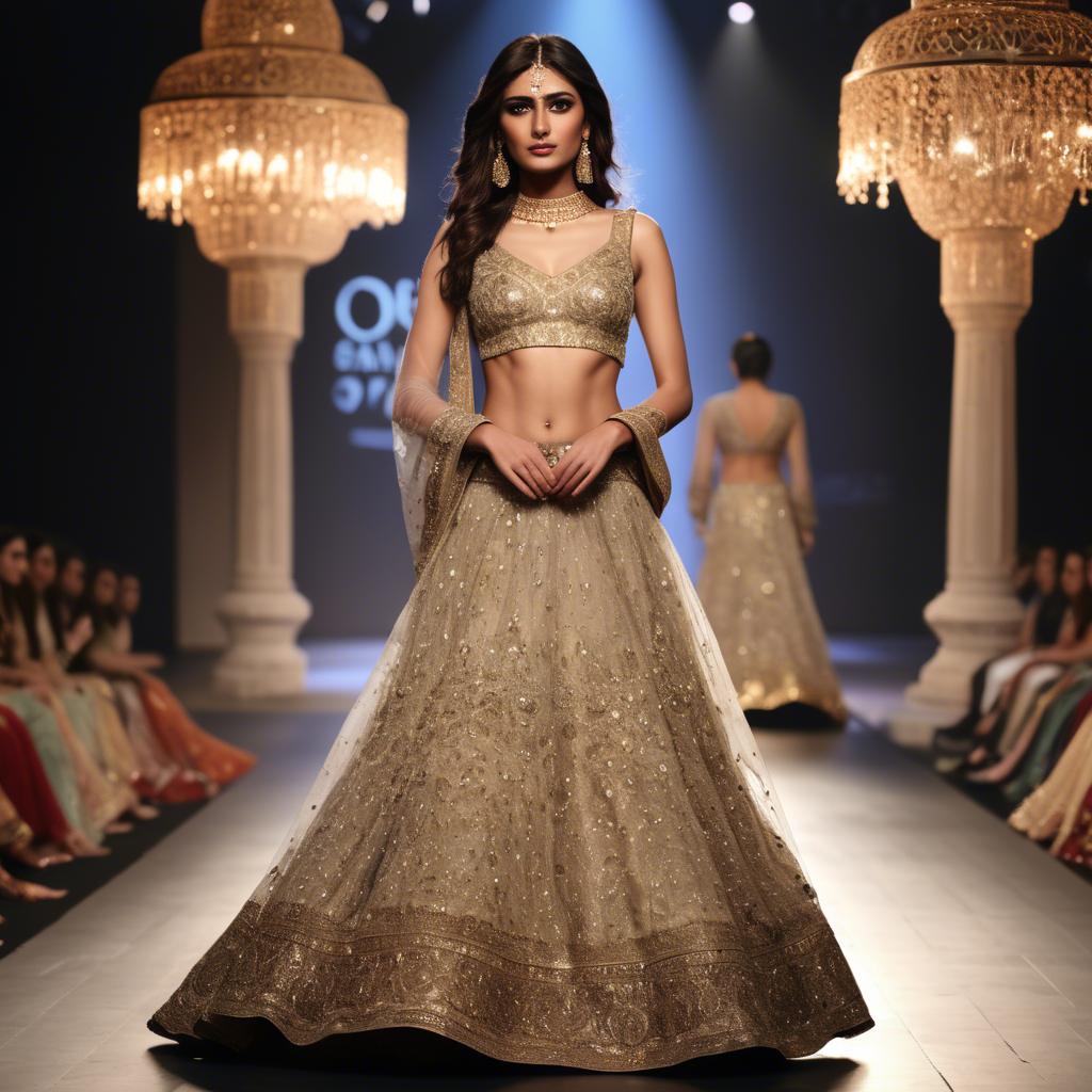 A stunning image of pakistani model in an embellished lehenga shimmering with gold accents under spotlight.