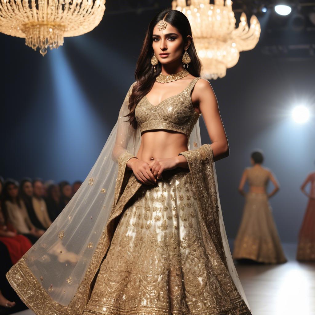 A stunning image of pakistani model in an embellished lehenga shimmering with gold accents under spotlight.