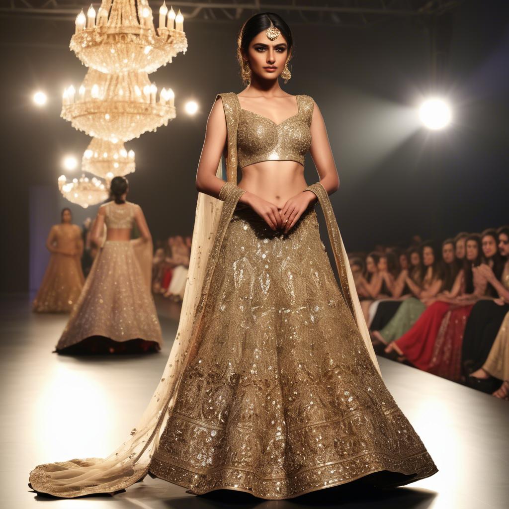 A stunning image of pakistani model in an embellished lehenga shimmering with gold accents under spotlight.