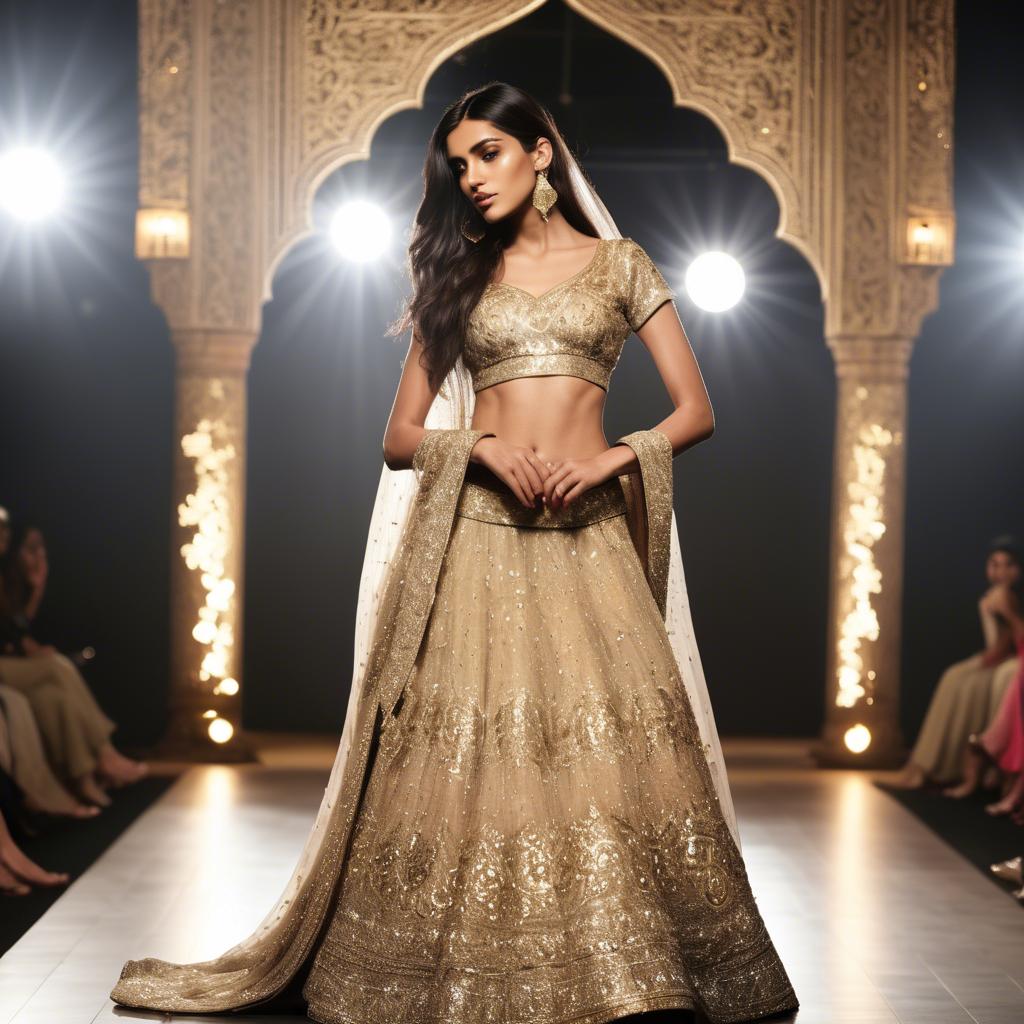 A stunning image of pakistani model in an embellished lehenga shimmering with gold accents under spotlight.