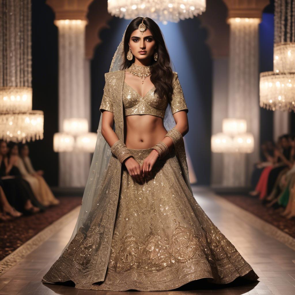 A stunning image of pakistani model in an embellished lehenga shimmering with gold accents under spotlight.