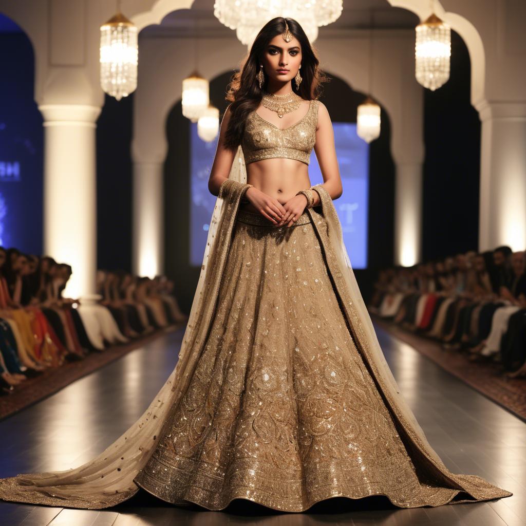 A stunning image of pakistani model in an embellished lehenga shimmering with gold accents under spotlight.