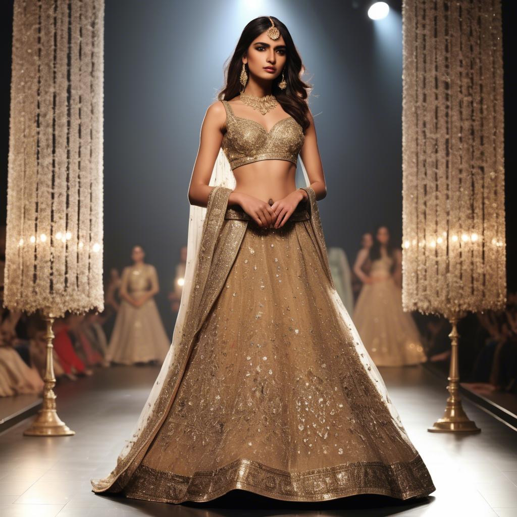 A stunning image of pakistani model in an embellished lehenga shimmering with gold accents under spotlight.