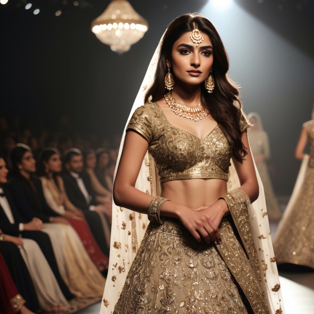 A stunning image of pakistani model in an embellished lehenga shimmering with gold accents under spotlight.