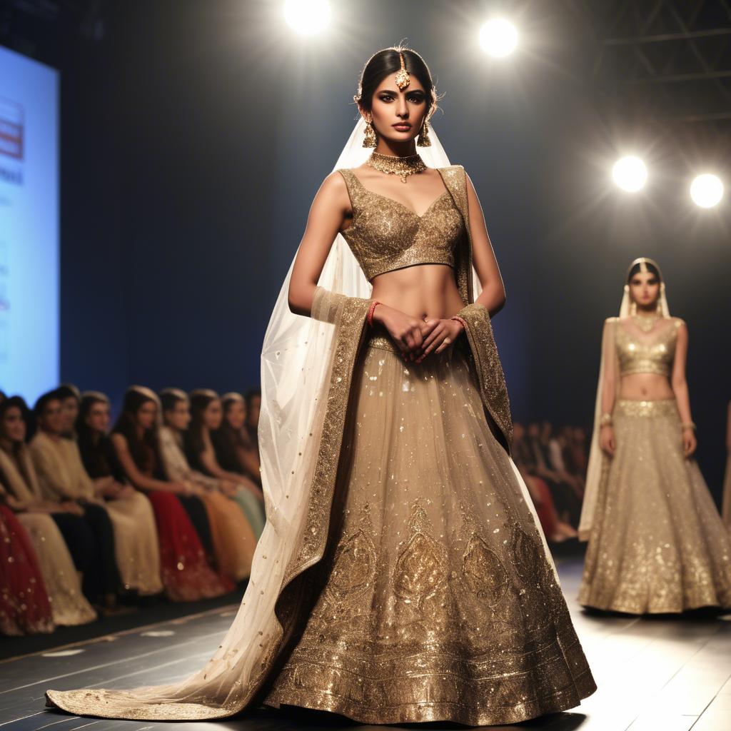 A stunning image of pakistani model in an embellished lehenga shimmering with gold accents under spotlight.