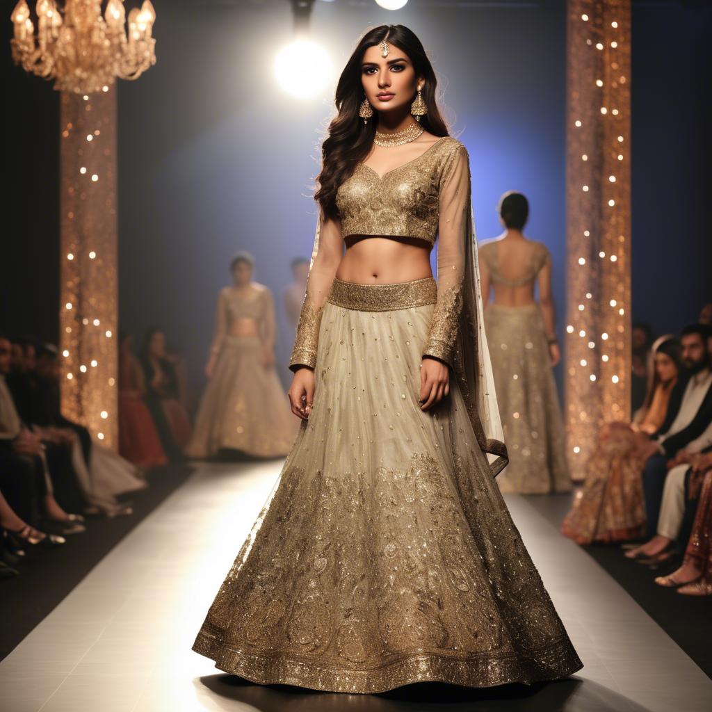 A stunning image of pakistani model in an embellished lehenga shimmering with gold accents under spotlight.