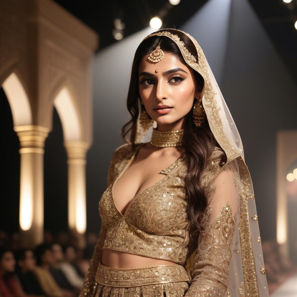 A stunning image of pakistani model in an embellished lehenga shimmering with gold accents under spotlight.