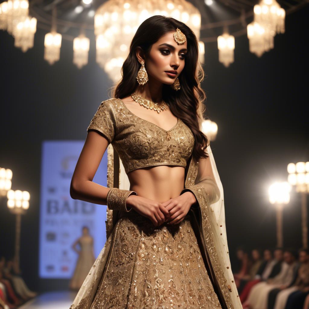 A stunning image of pakistani model in an embellished lehenga shimmering with gold accents under spotlight.