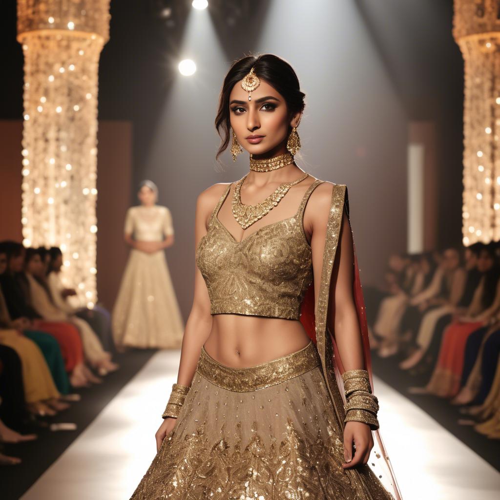 A stunning image of pakistani model in an embellished lehenga shimmering with gold accents under spotlight.