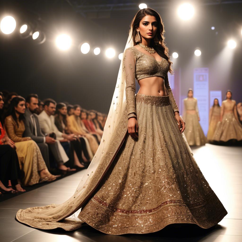 A stunning image of pakistani model in an embellished lehenga shimmering with gold accents under spotlight.