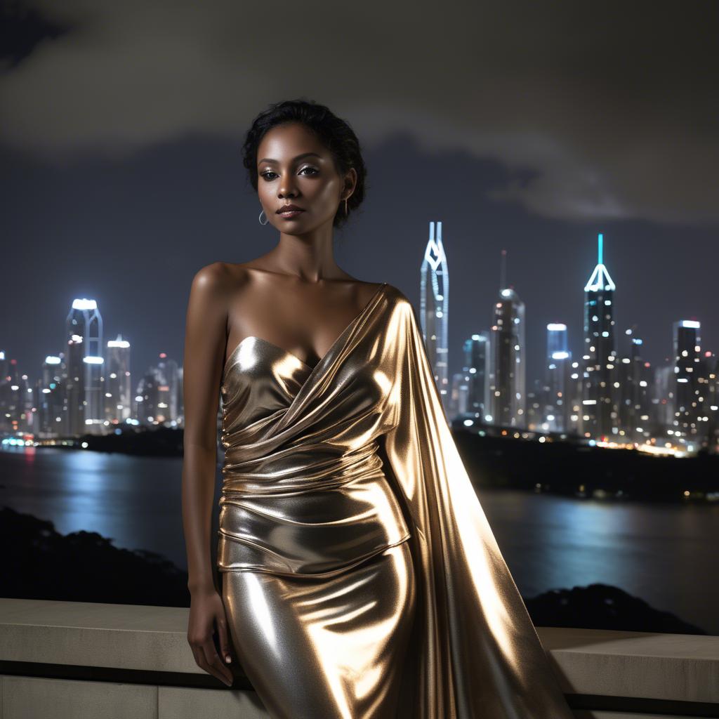 A stunning image of panamanian muse draped in modern metallic fabric, illuminated by cityscape skyline lights.