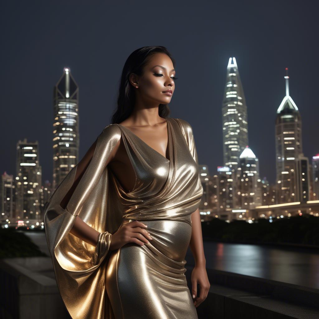 A stunning image of panamanian muse draped in modern metallic fabric, illuminated by cityscape skyline lights.