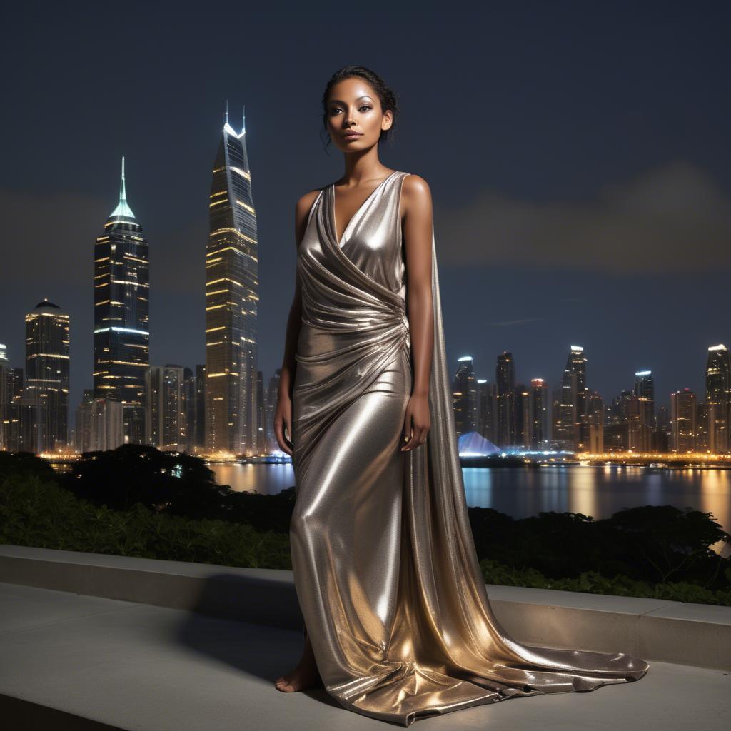 A stunning image of panamanian muse draped in modern metallic fabric, illuminated by cityscape skyline lights.