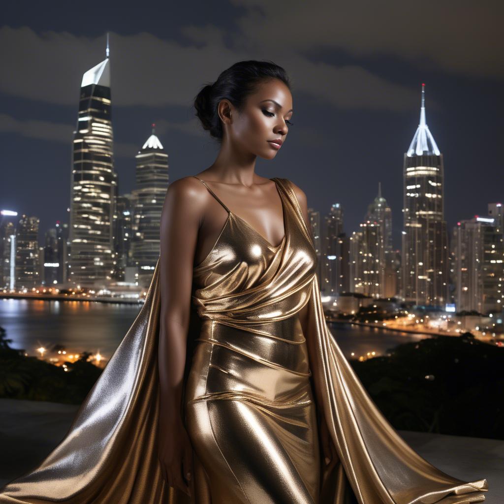 A stunning image of panamanian muse draped in modern metallic fabric, illuminated by cityscape skyline lights.