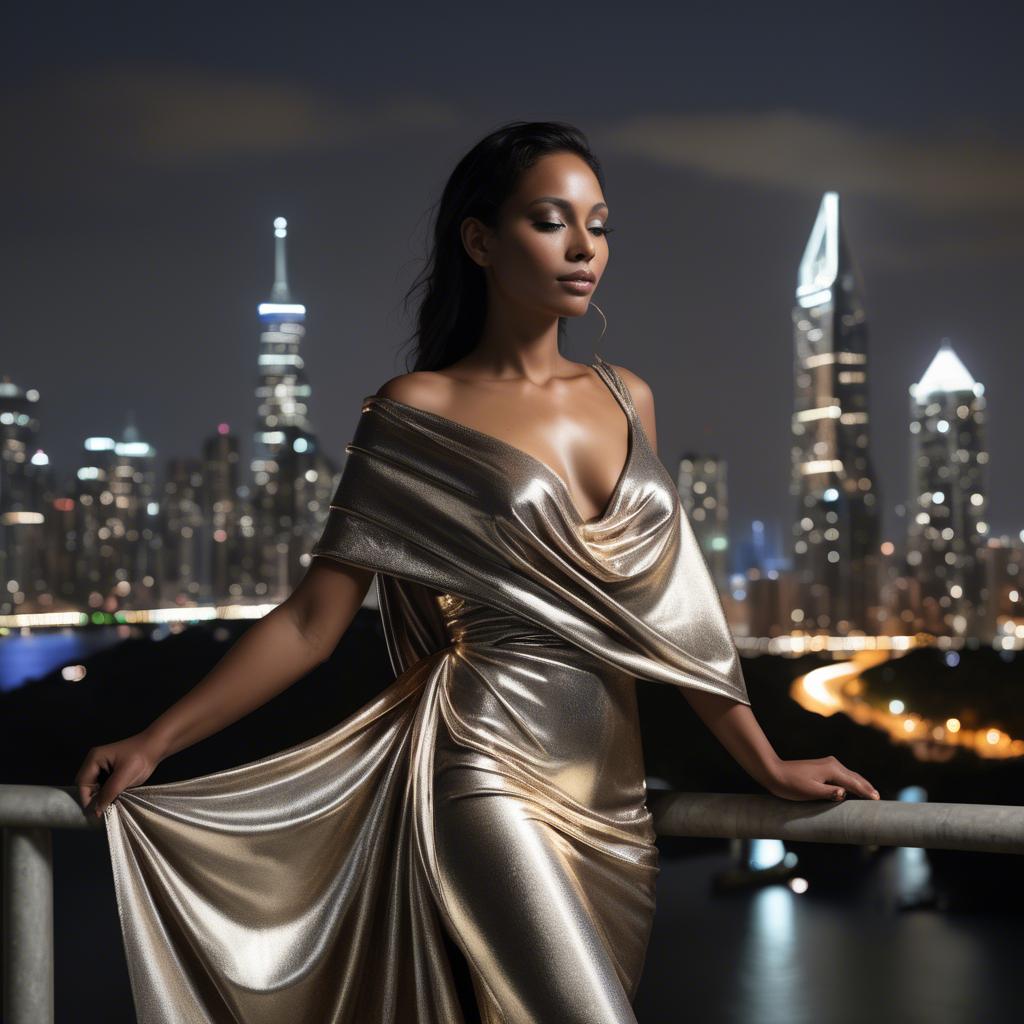 A stunning image of panamanian muse draped in modern metallic fabric, illuminated by cityscape skyline lights.