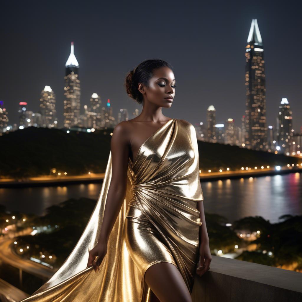 A stunning image of panamanian muse draped in modern metallic fabric, illuminated by cityscape skyline lights.