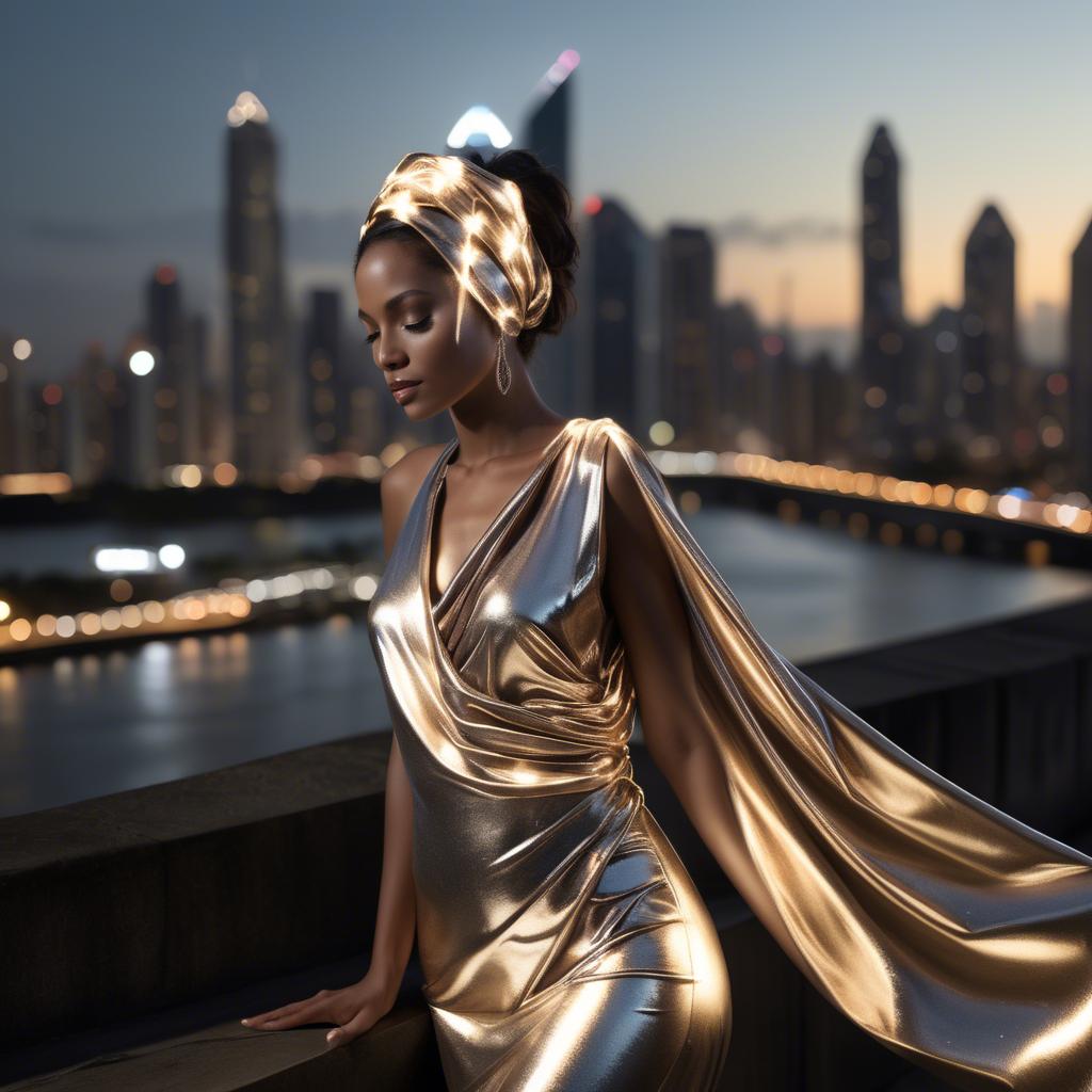 A stunning image of panamanian muse draped in modern metallic fabric, illuminated by cityscape skyline lights.