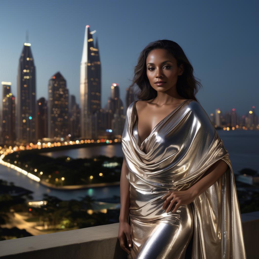 A stunning image of panamanian muse draped in modern metallic fabric, illuminated by cityscape skyline lights.