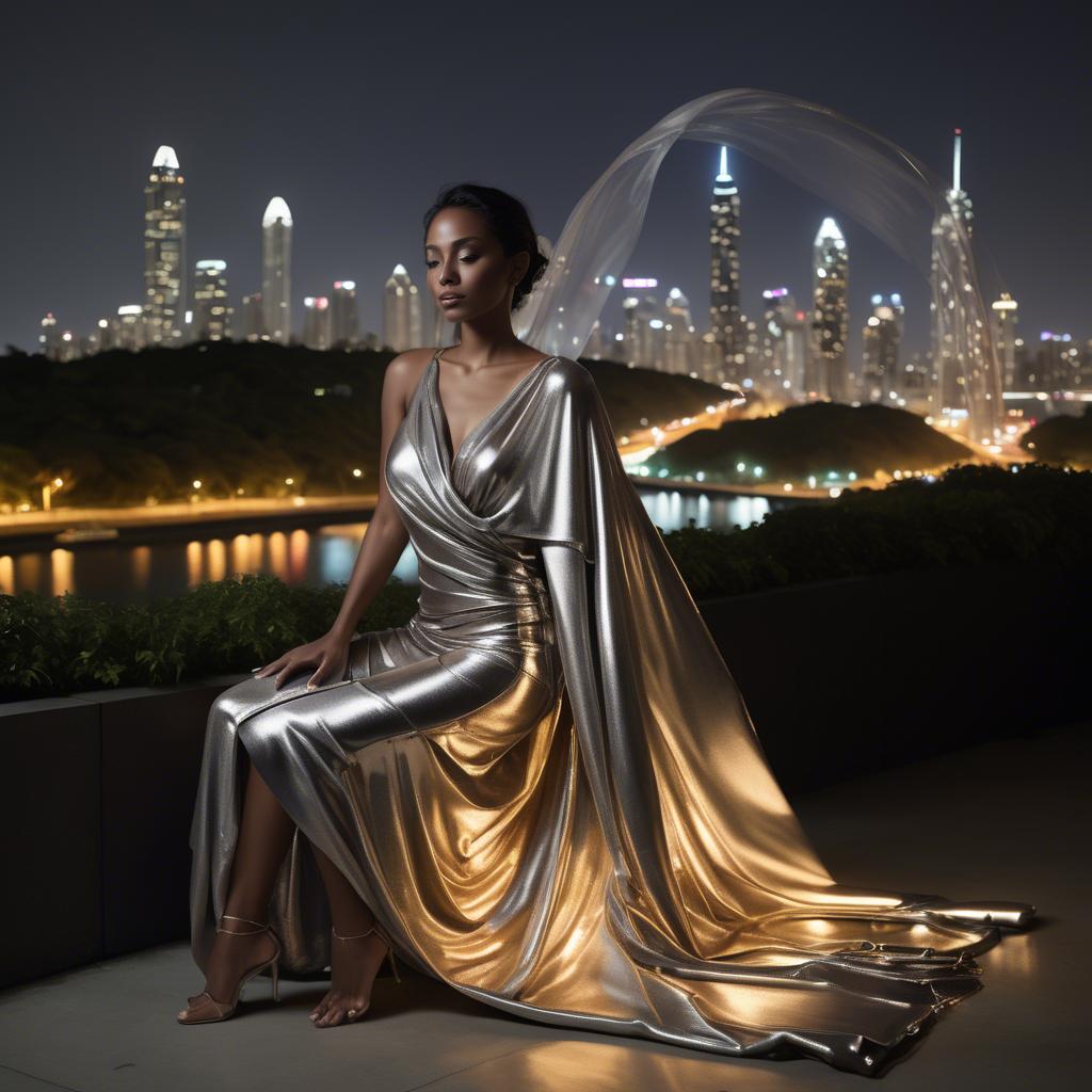 A stunning image of panamanian muse draped in modern metallic fabric, illuminated by cityscape skyline lights.