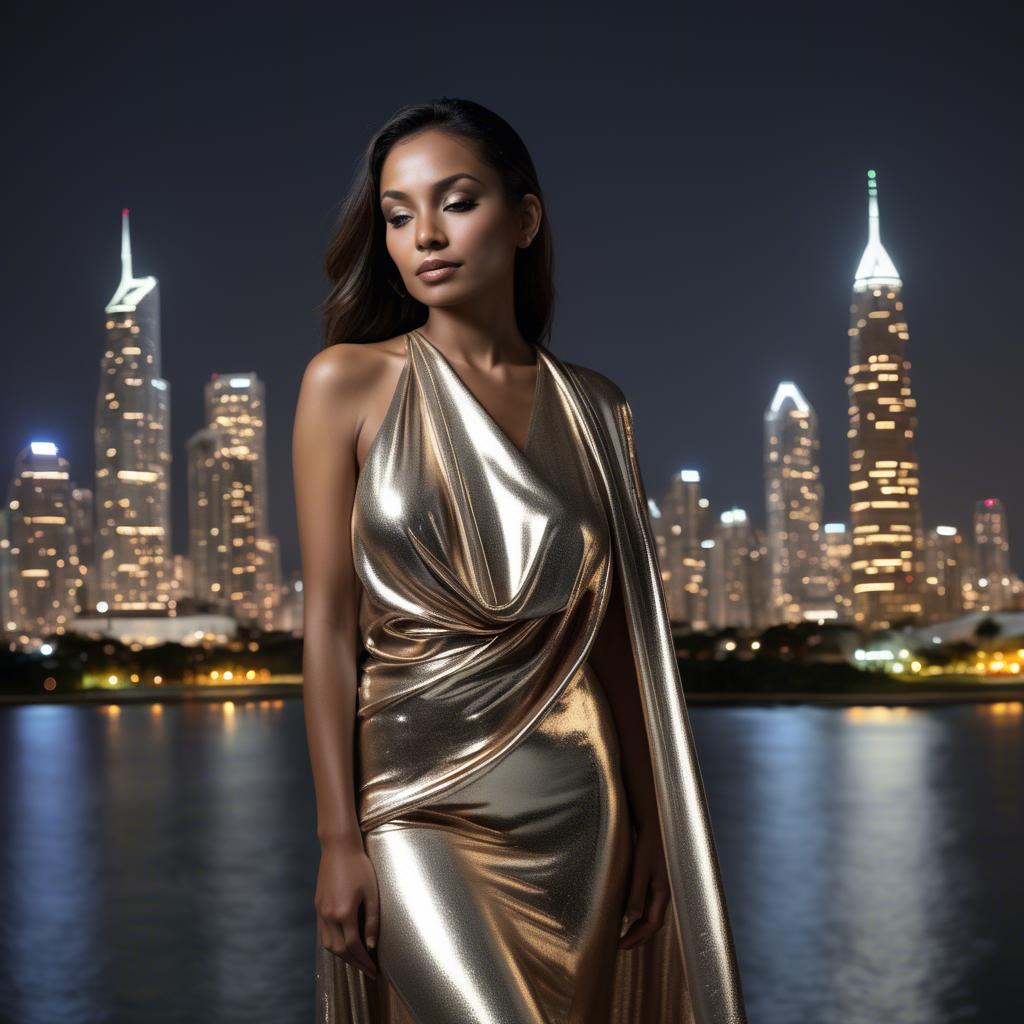 A stunning image of panamanian muse draped in modern metallic fabric, illuminated by cityscape skyline lights.