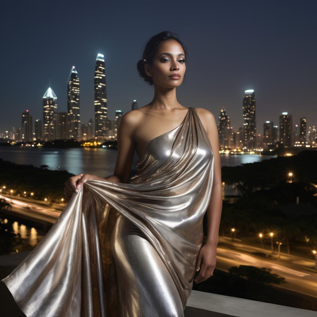 A stunning image of panamanian muse draped in modern metallic fabric, illuminated by cityscape skyline lights.