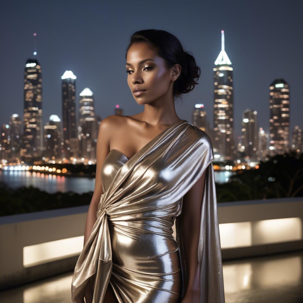 A stunning image of panamanian muse draped in modern metallic fabric, illuminated by cityscape skyline lights.