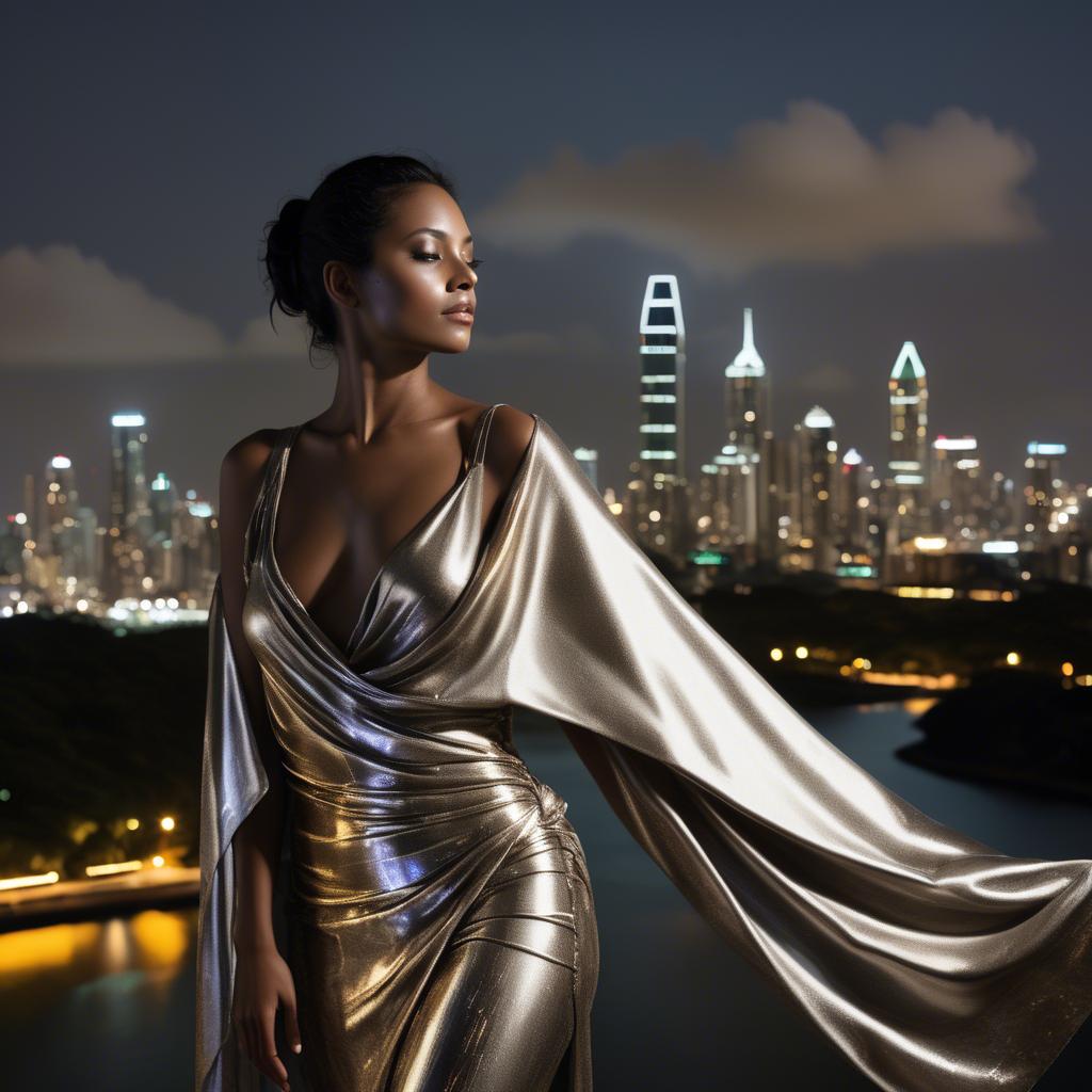 A stunning image of panamanian muse draped in modern metallic fabric, illuminated by cityscape skyline lights.