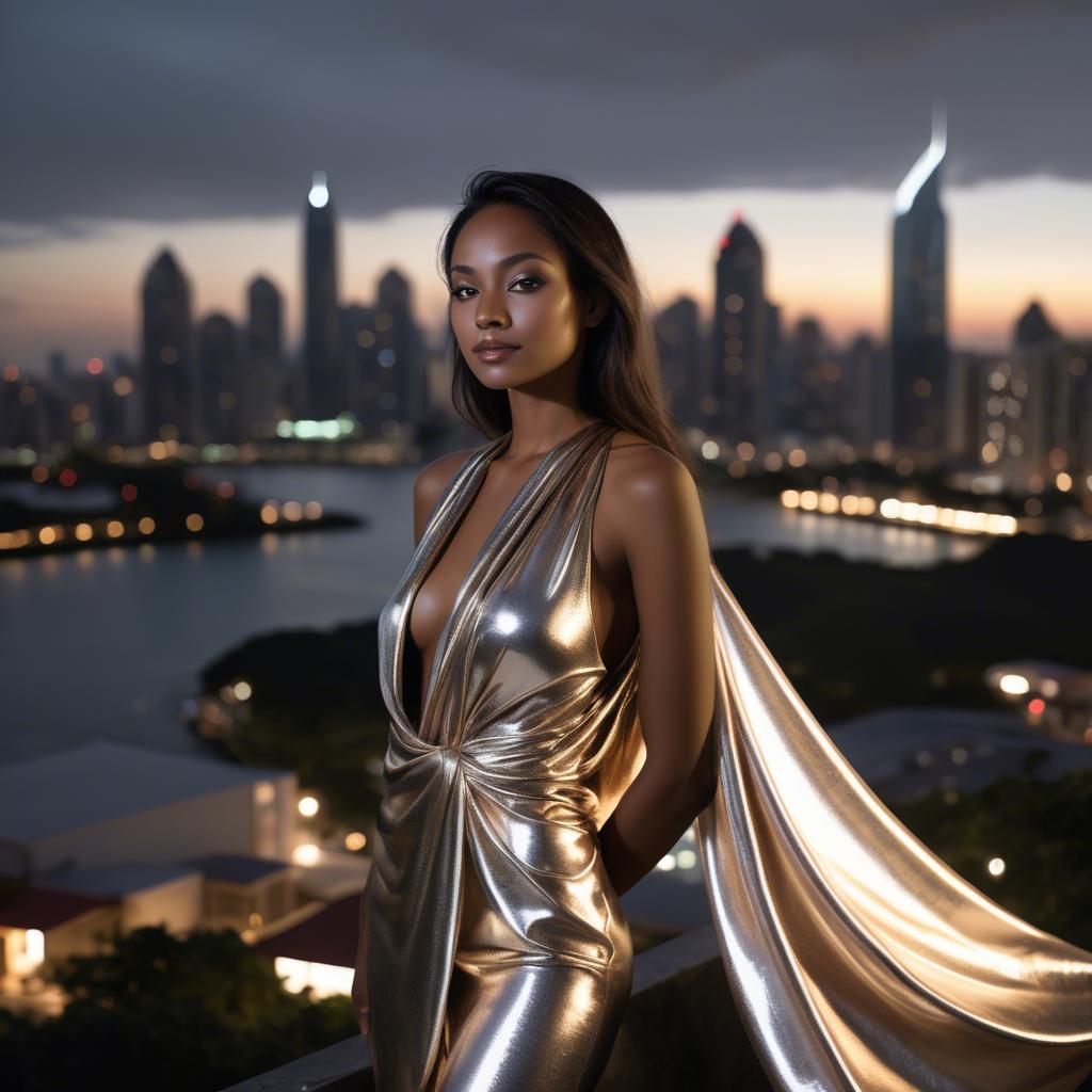 A stunning image of panamanian muse draped in modern metallic fabric, illuminated by cityscape skyline lights.