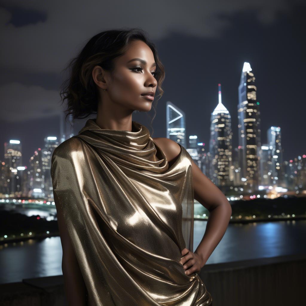 A stunning image of panamanian muse draped in modern metallic fabric, illuminated by cityscape skyline lights.