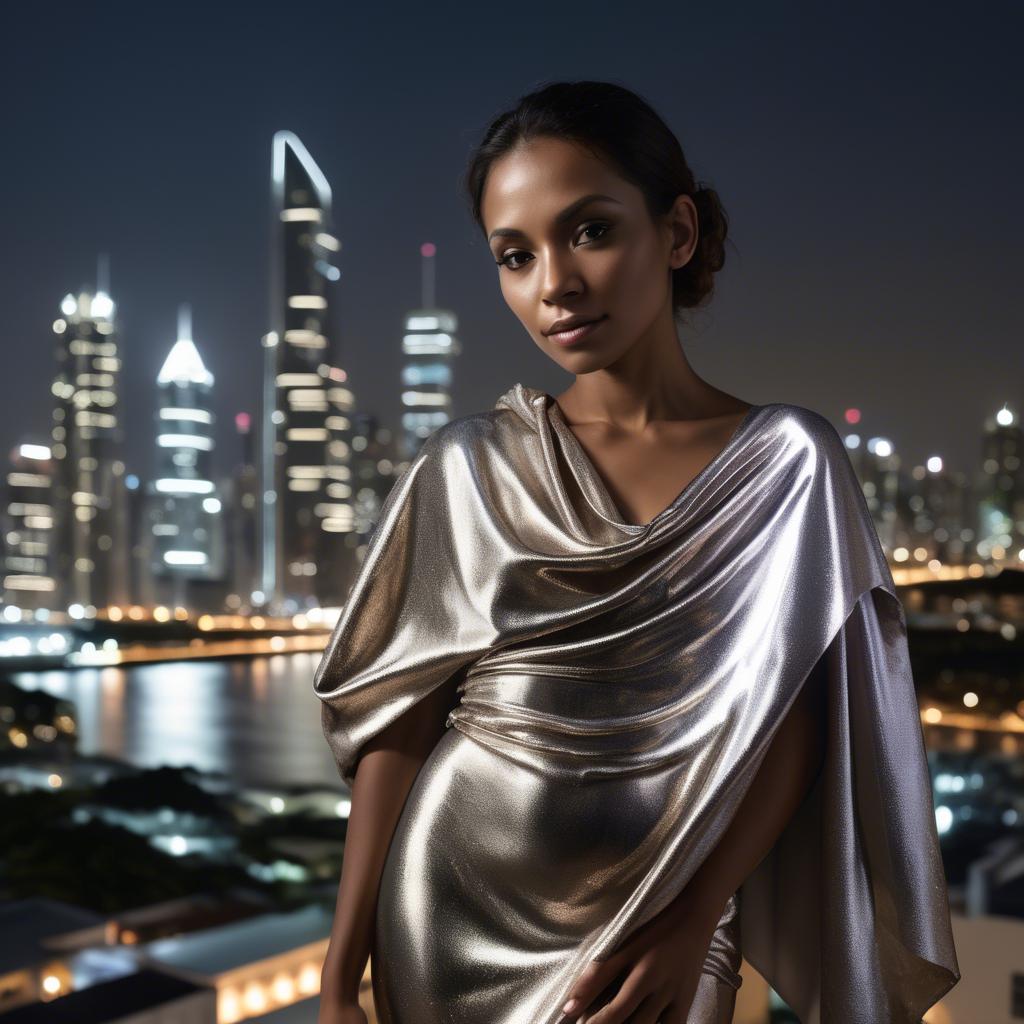 A stunning image of panamanian muse draped in modern metallic fabric, illuminated by cityscape skyline lights.