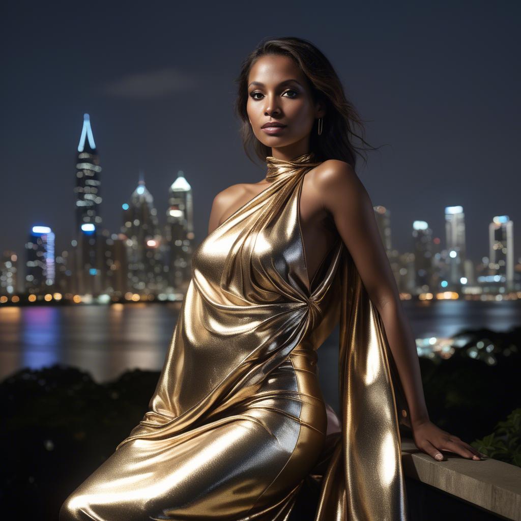 A stunning image of panamanian muse draped in modern metallic fabric, illuminated by cityscape skyline lights.