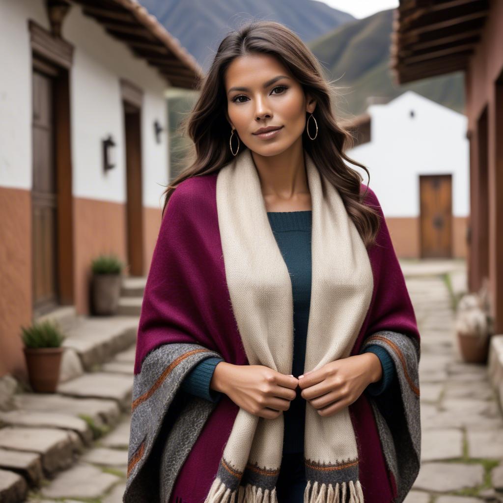 A stunning image of peruvian charm with a warm alpaca shawl harmonizing rustic vibes and modern glamour.