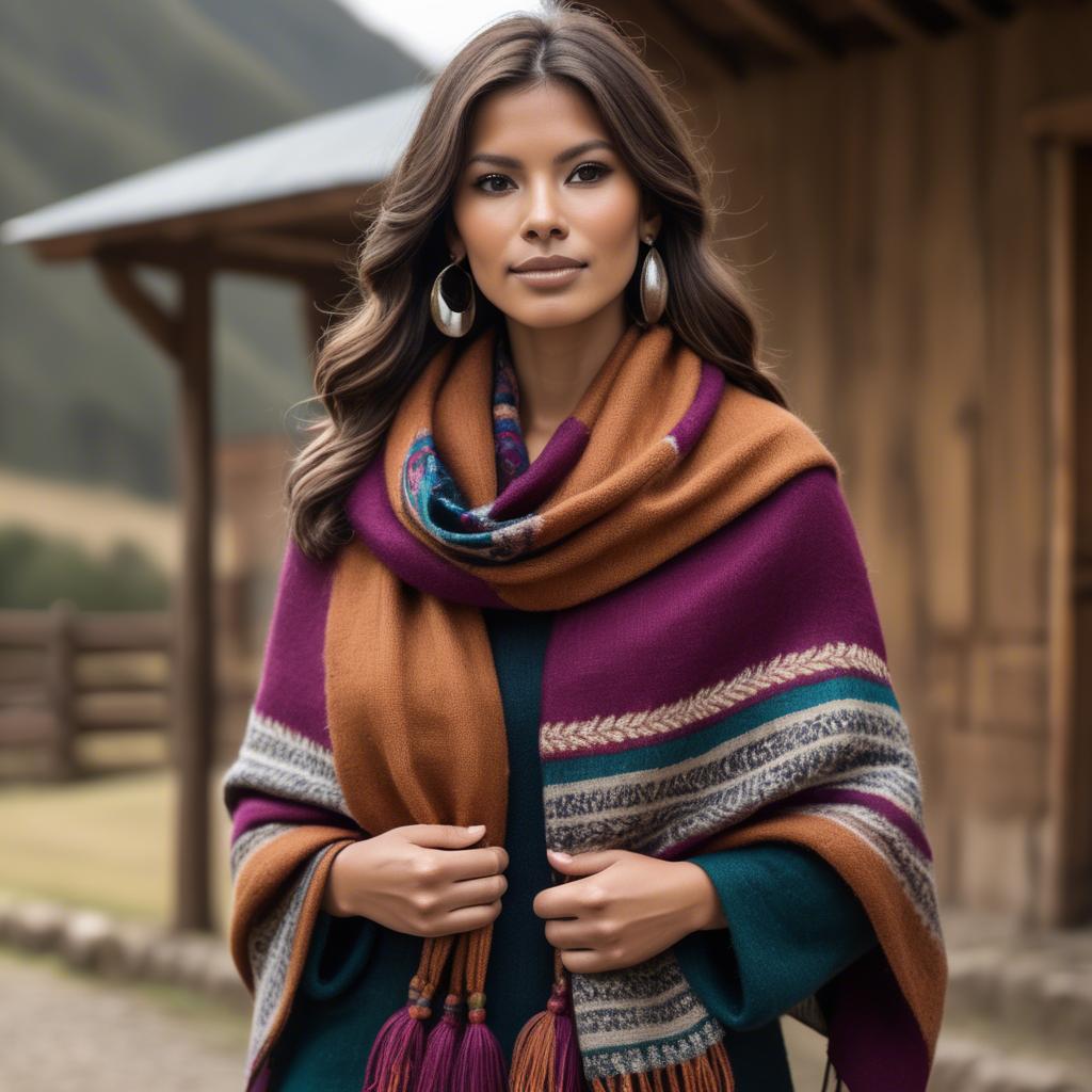 A stunning image of peruvian charm with a warm alpaca shawl harmonizing rustic vibes and modern glamour.