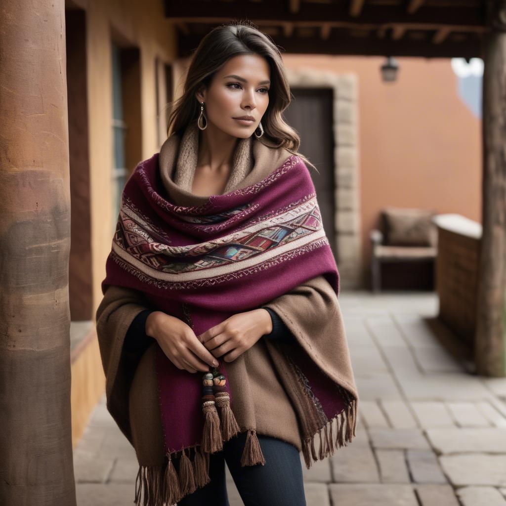 A stunning image of peruvian charm with a warm alpaca shawl harmonizing rustic vibes and modern glamour.