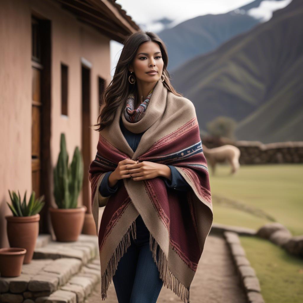 A stunning image of peruvian charm with a warm alpaca shawl harmonizing rustic vibes and modern glamour.