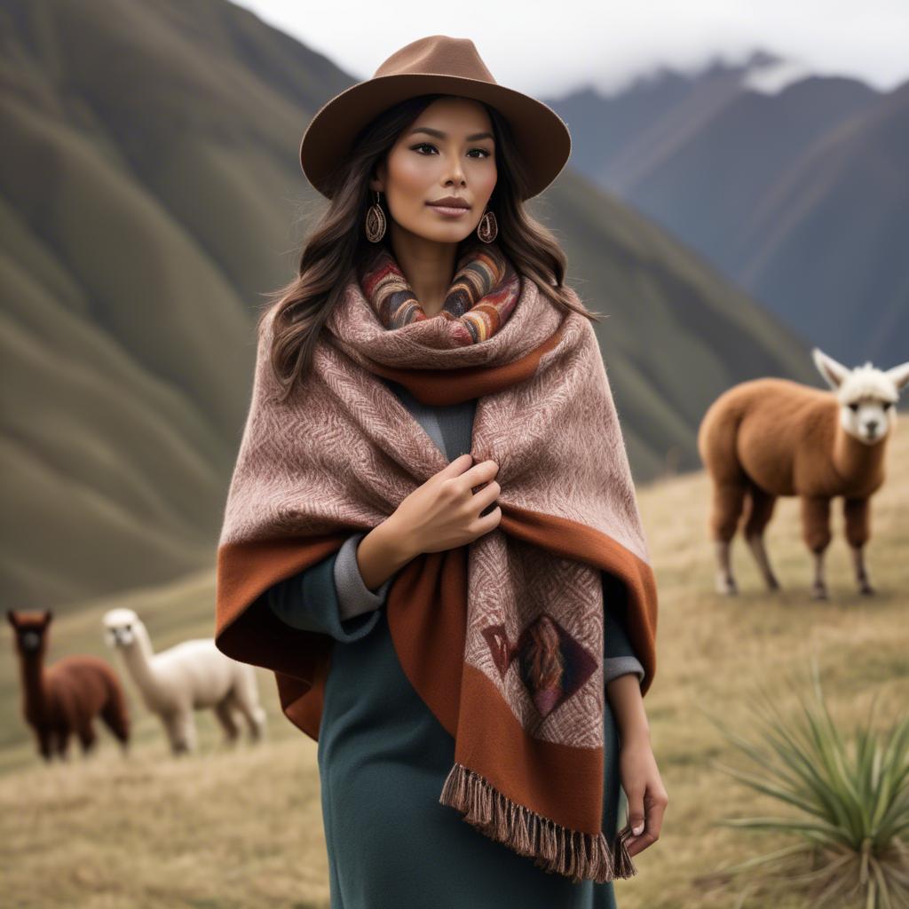 A stunning image of peruvian charm with a warm alpaca shawl harmonizing rustic vibes and modern glamour.