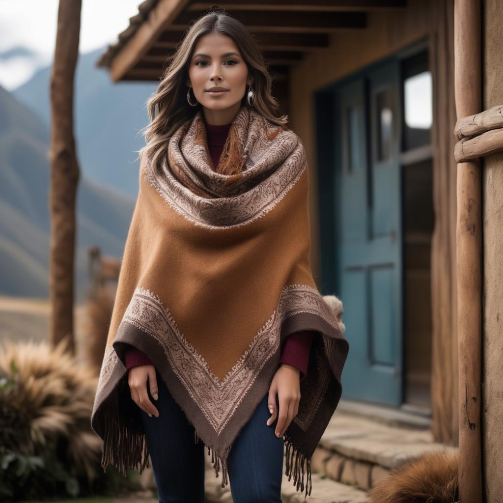 A stunning image of peruvian charm with a warm alpaca shawl harmonizing rustic vibes and modern glamour.
