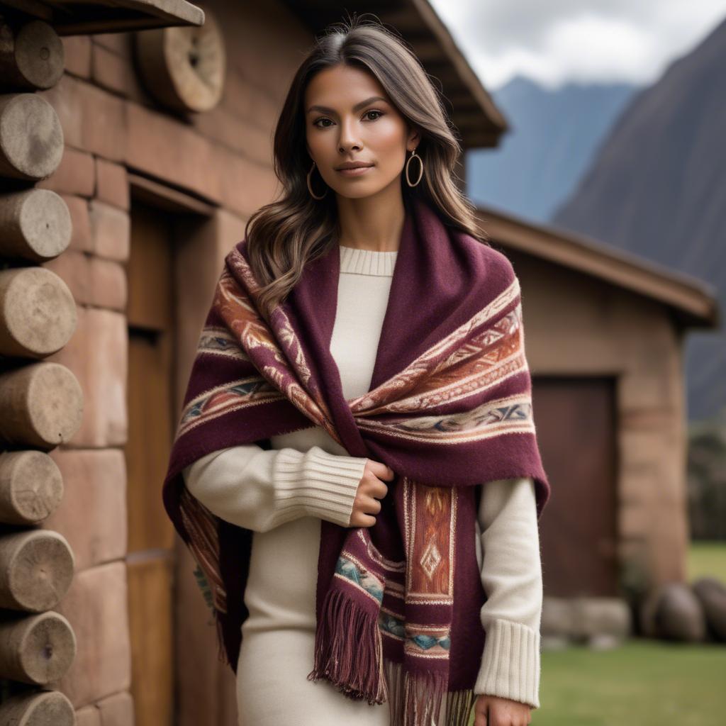 A stunning image of peruvian charm with a warm alpaca shawl harmonizing rustic vibes and modern glamour.