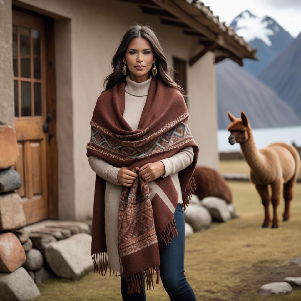 A stunning image of peruvian charm with a warm alpaca shawl harmonizing rustic vibes and modern glamour.